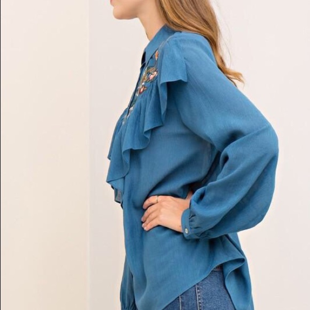 Embroidered Button Up Blouse with Ruffle - Picture 5 of 6